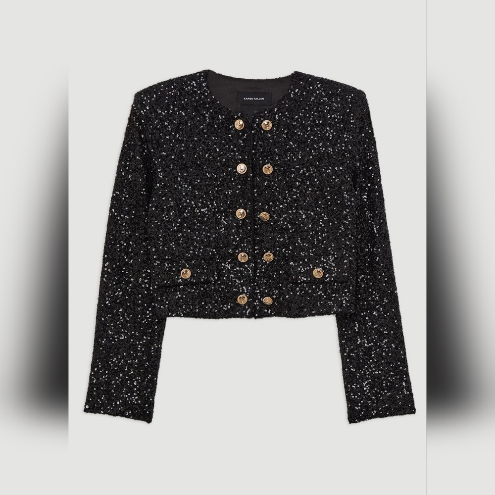 Karen Millen Black Sequin Long Sleeve Dress - Picture 3 of 11
